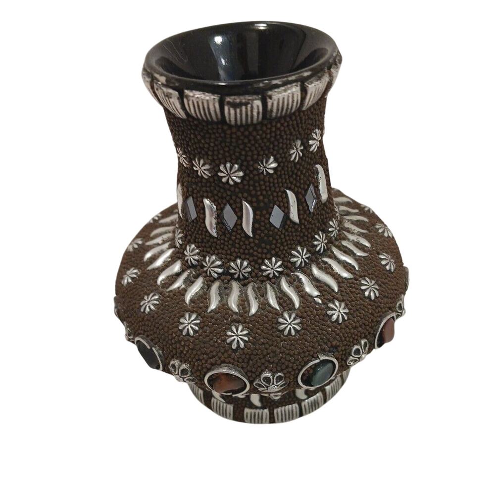 Moraccan Bud Vase 4" Brown Geometric‎ Glass Overlay Exotic Bohemian Fairygoth